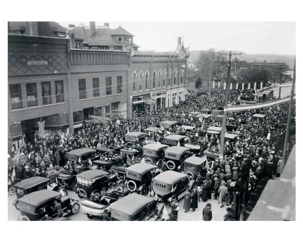 Company H of the Third Regiment came home to Menomonee, Wisconsin and a tumultuous greeting from townspeople when Armistice was declared on November 11, 1918. People clogged the streets, shouting, cheering, kissing, and dancing. The Thirty-second Division, stationed in Germany after Armistice, was demobilized in May 1919. Menomonee, Wisconsin. May 2, 1919.