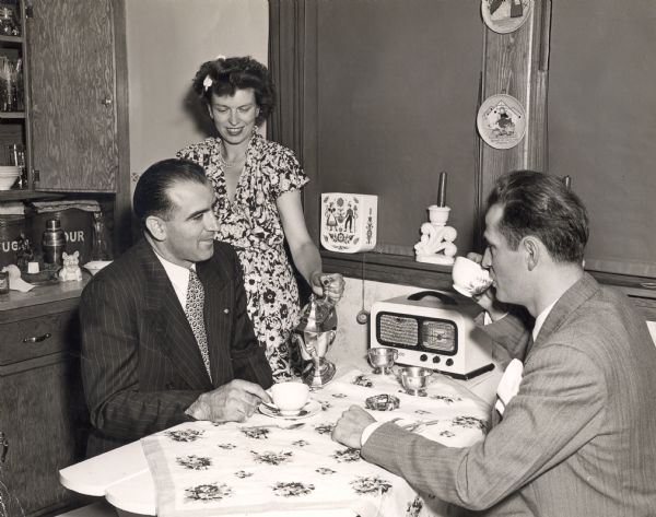 Joseph R. McCarthy in the home of friends Urban and Margery Van Susteren of Little Chute, on the morning after his election to the U.S. Senate. Van Susteren had been McCarthy's campaign manager.