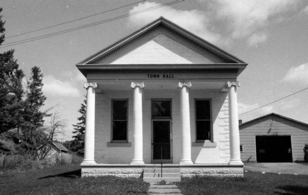 Front view of the La Pointe Town Hall on Madeline Island.