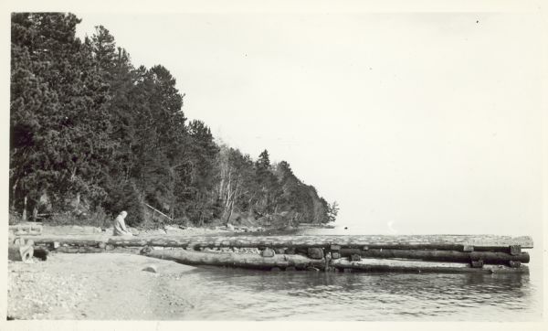 View along shoreline towards Betty Hull sitting near a log pier.