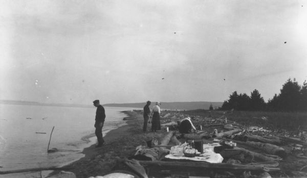 View along shoreline towards people at a Bear Island picnic. A man stands near the water, and two women and a another man are among the logs along the shoreline near what may be a campfire. A picnic has been set up on a cloth in the foreground. In the background the shoreline curves to the right. Across the water are low, forested hills.