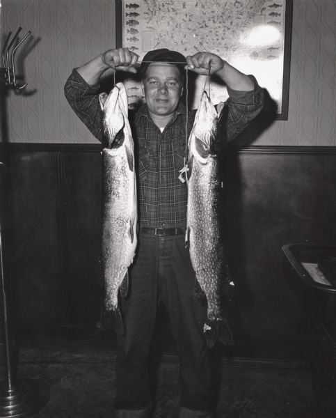 Fisherman John Chingo displaying two Northern Pike he caught in Chequamagon Bay. Photograph probably taken in Hec's Bar on East Main Street in Ashland.