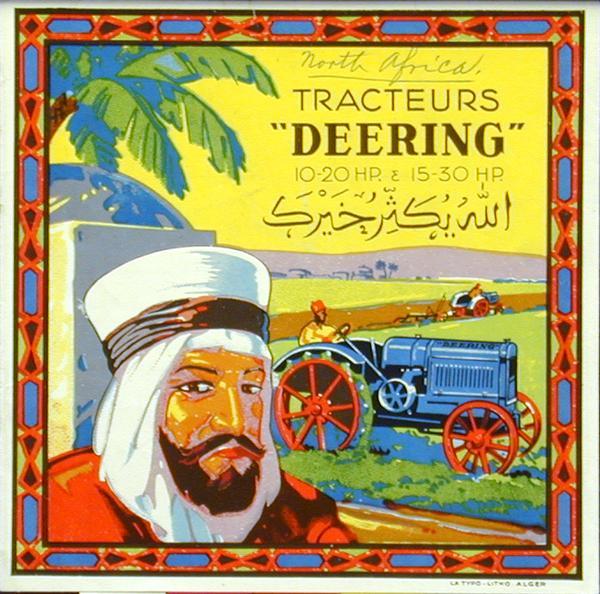Advertising folder for Deering 10-20 and 15-30 tractors, showing an Arab man in the foreground and tractors at work in the background. Printed for Algiers, North Africa by LA TYPO-LITHO. Includes a color illustration of a tractor.