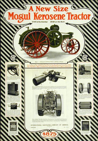 Advertising poster for Mogul 10-20 Kerosene tractors featuring a color illustration of the tractor and black and white illustrations of parts and features. Includes the text: "A New Size Mogul Kerosene Tractor."