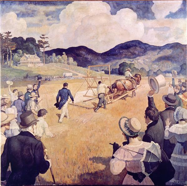 Painting by N.C. Wyeth depicting the public demonstration of the first reaper by Cyrus Hall McCormick at Steele's Tavern, Virginia in 1831. The painting shows a crowd of onlookers cheering Cyrus McCormick as he strides behind the reaper. His enslaved blacksmith Jo Anderson is raking grain from the reaper platform. The painting was commissioned by the International Harvester Company for the reaper centennial in 1931. The original painting was destroyed in a fire.