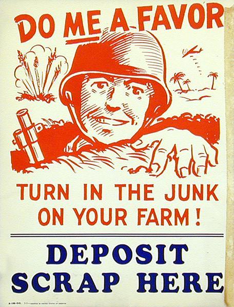Poster for International Harvester dealerships promoting the collection of scrap metal for use in war production. Features an illustration of a smiling soldier peering over the edge of a fox hole with the text: "Do <u>me</u> a favor, turn in the junk on your farm! Deposit scrap here."