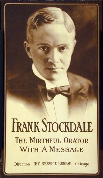 International Harvester Service Bureau poster for speaker "Frank Stockdale, The Mirthful Orator With A Message."
