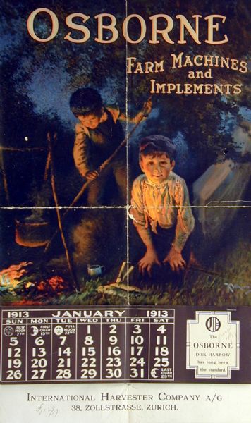 Color advertising poster and January calendar for the Osborne disk harrow that "has long been the standard," featuring two boys cooking fish over a fire. Imprinted with "International Harvester Company A/G 38, Zollstrasse, Zurich."