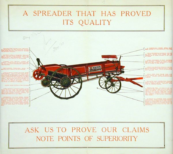 Color advertising poster claiming the superiority of the "Steel Corn King" manure spreader.