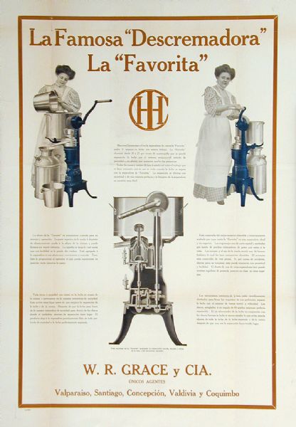 Advertising poster of a woman using a Bluebell cream separator. The poster is in Spanish and was made in Chile for W.R. Grace. Form number A-538-C.