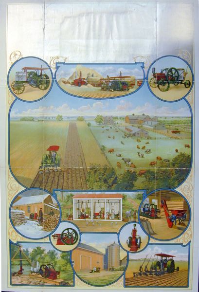 Color advertising poster of an International gasoline engine serving many functions on the farm. Includes a large bird's-eye view of a farm, surrounded by smaller inset illustrations. This poster was printed by the Hayes Litho. Co. of Buffalo, NY.