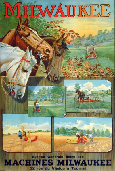 Color advertising poster for International Milwaukee farm implements. Imprinted with "Agence Generale Belge des Machines Milwaukee 52 rue du Viaduc a Tournai." Made for use in Belgium by the Hayes Litho. Co. of Buffalo, NY.
