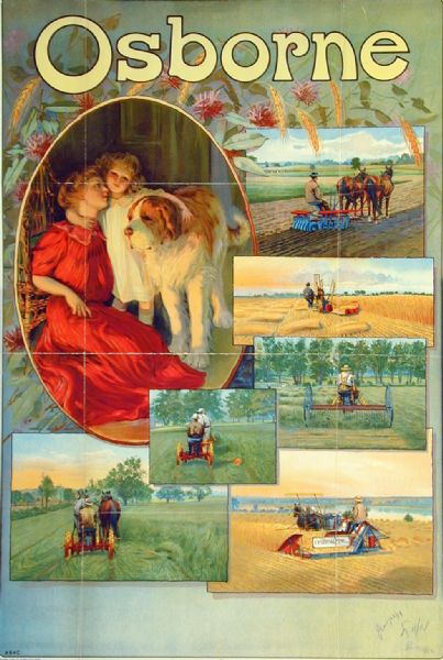 Color advertising poster with many images of the Osborne line working the fields, and a mother and daughter with a dog. Made by the Hayes Litho. Co. of Buffalo, NY. Form number A-64-C.