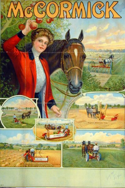 Color advertising poster of McCormick farm implements in the field and a woman standing next to her horse picking apples. Made for distribution in South America by the Hayes Litho. Co. of Buffalo, NY. Form number A-32-C.