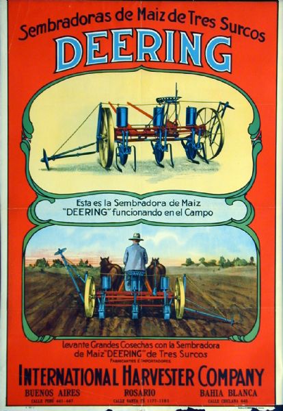 South American advertising poster for Deering corn planters manufactured by International Harvester Company featuring color illustrations of the implement. Printed by the Walter M. Carqueville Co. of Chicago for distribution in Argentina.