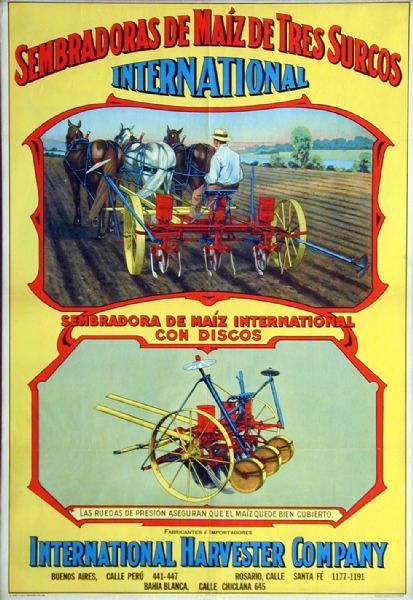 South American advertising poster for International corn planters featuring color illustrations of the implement. Printed by Rolland & Carqueville Co. of Chicago for distribution in Argentina.