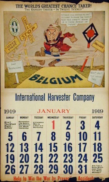 Image from an International Harvester calendar promoting safety using themes from World War I. The title of calendar is "The World's Greatest Chance Taker! The Kaiser's Career - In Twelve Scenes."