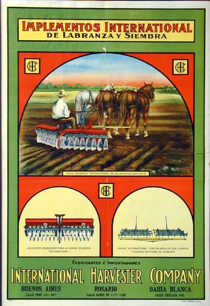 South American advertising poster for International tillage machines, including plows and disc harrows featuring color illustrations of the implements. Printed by the Walter M. Carqueville Co. of Chicago for distribution in Argentina.