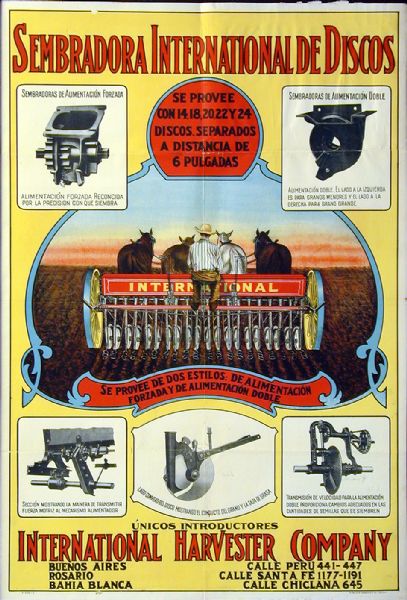 South American advertising poster for the International disk drills (grain drills) featuring color illustrations of the implement. Printed by Walter M. Carqueville Co. of Chicago for distribution in Argentina.