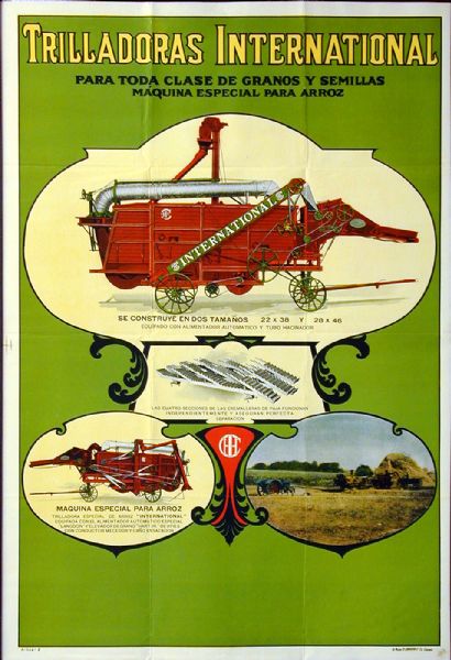 South American advertising poster for International stationary threshers. Includes color illustrations of the implements and the text "Trilladoras International." Printed by Walter M. Carqueville Co. of Chicago for distribution in South America.