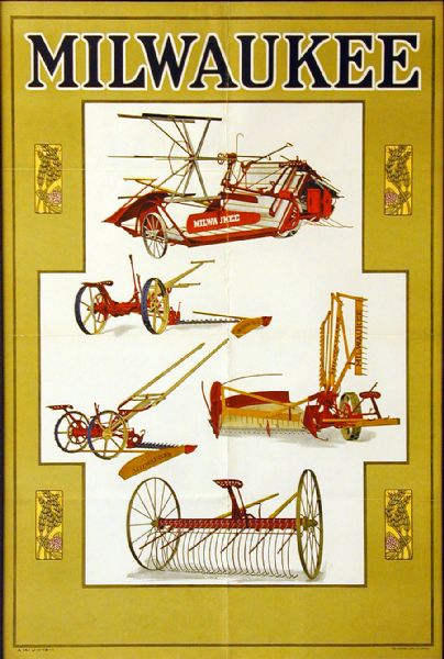Advertising poster for International Harvester's McCormick line of harvesting machinery, including reapers, grain binders, hay rakes (dump rakes) and mowers featuring color illustrations of the implements. Printed by the Herman Litho. Co. of Chicago for use in Holland.