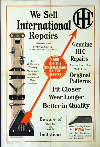 Advertising poster for International repair parts. Includes the text "genuine IHC repairs are the only ones made from original patterns."