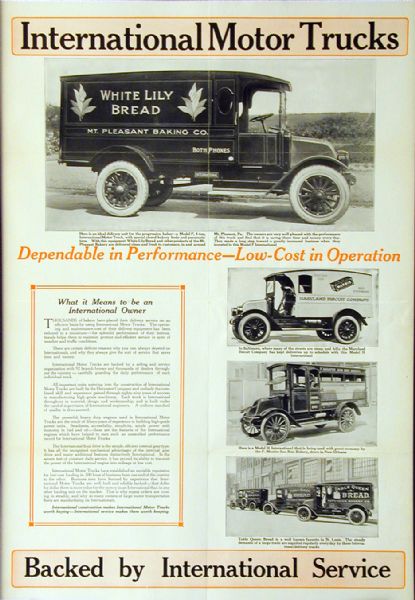 Advertising poster for International motor trucks. Includes a photograph of a "White Lily" bread truck and the text: "Dependable in Performance - Low-Cost in Operation," and "Backed by International Service."