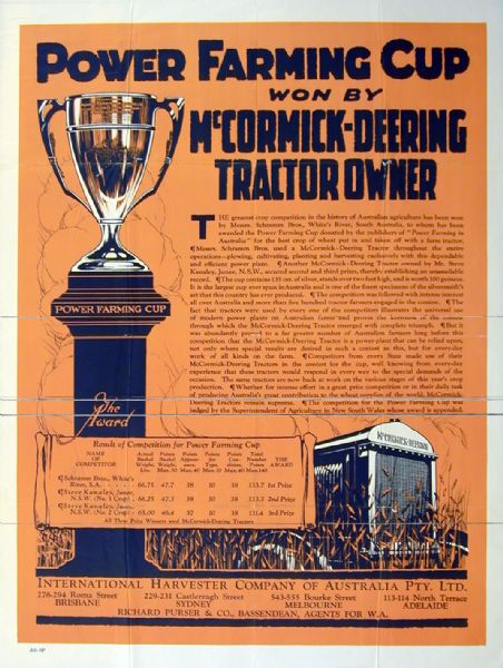 Australian advertising poster for McCormick-Deering tractors. The advertisement describes how the owner of an International Harvester tractor won the "Power Farming Cup." The poster is imprinted with "International Harvester Company of Australia."