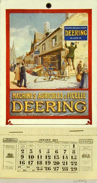Advertising calendar for Deering Farm Machines. The calendar was printed in French by the H. Bruni Press, for use in France. The month of January shows a scene from outside a Deering dealer.