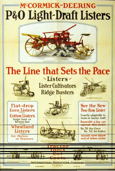 Advertising poster for McCormick-Deering P&O Light-Draft listers, lister cultivators, and ridge busters. Includes color illustrations and the text: "the line that sets the pace."