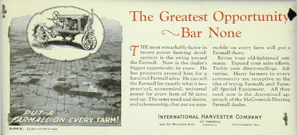 Advertising blotter for McCormick-Deering Farmall Tractors. The ad shows the tractor and encourages dealers to increase efforts to sell the tractors.