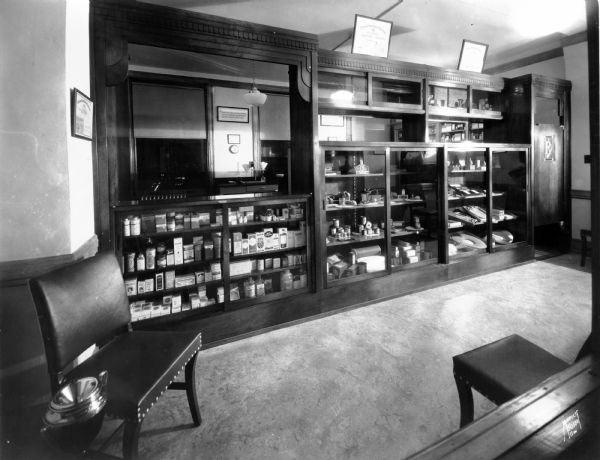 View of the modest customer waiting area at Lemberger Pharmacy.