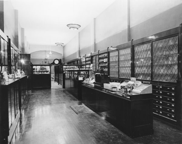 Interior, right side view of the Frankfurter Pharmacy.