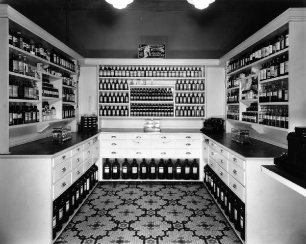 A view of the main prescription preparation counter. The left side was used for eye prescriptions only.