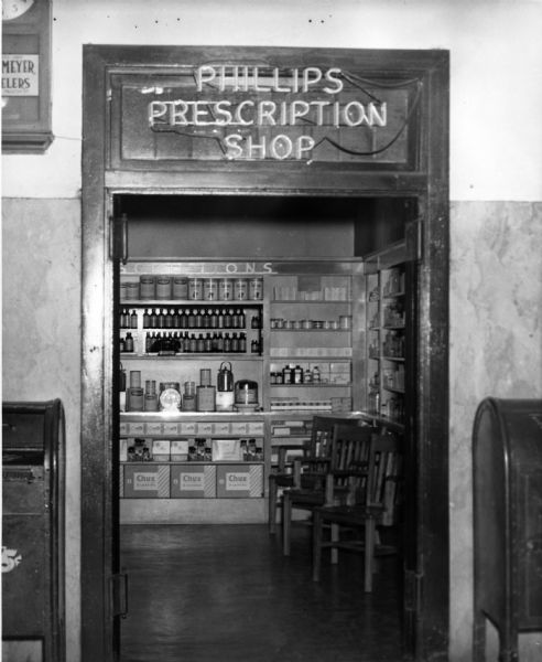 Doorway to "Phillips' Prescription Shop".