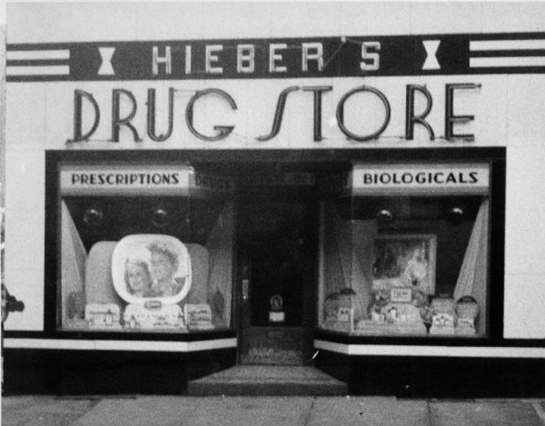 Art Deco style storefront of Hieber's Drugstore.