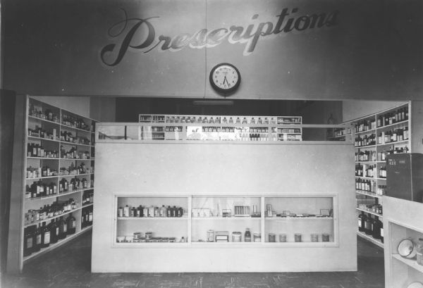 Rows of medicines make up the prescription department at Richards Brothers' Pharmacy.