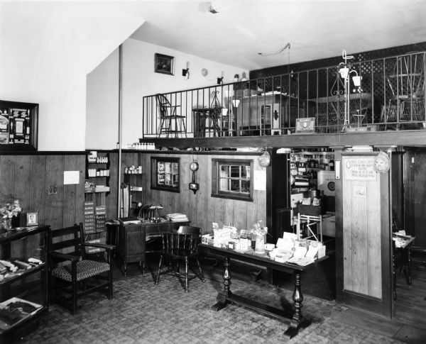 Office area of Brown's Apothecary. Of note is the cabinet of feminine hygiene products on the left.