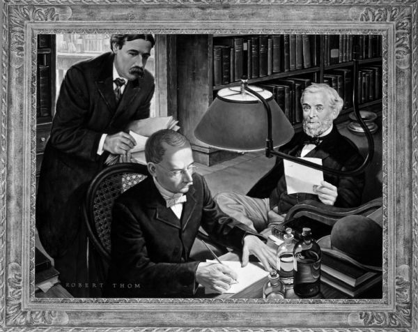 Photograph of a painting titled: "The Pharmacopeia Comes of Age" by the artist Robert Thom. The painting depicts a scene from 1880. Pictured are the notable pharmacists, (left to right): Joseph P. Remington, Charles Ridell, and Dr. E.R. Squibb.