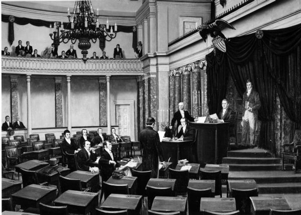 Photograph of a completed painting by artist Robert Thom titled: "The Founding of the United States Pharmacopeia". The painting depicts a scene from the first general USP convention which was held in 1820 in Washington, D.C.