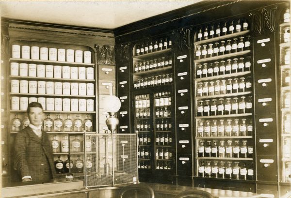 A view of part of the interior of the Pharmacie Werner in Boulay, France. This region was part of Germany when this photograph was taken.