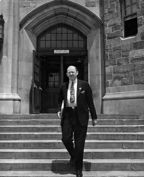 Robert Fischelis at Delegate's Entrance, Hunter College. He served as an advisor to the American delegation to the Instructional Health Conference, which brought the World Helath Organization into existence.