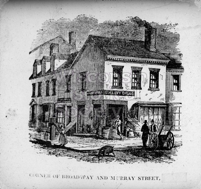 Pencil drawing of the exterior of the U.H. Levy Drugstore.