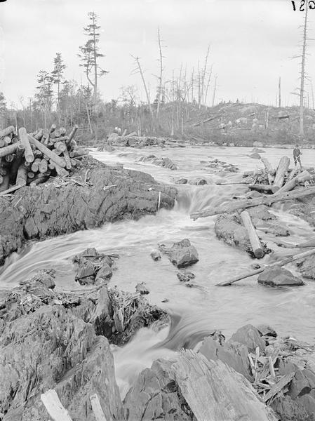 Dells of the St. Louis River, at the head of the falls. Log pile at the left hand side. Man with pole on right.