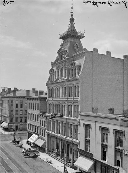 Elevated view of the Phillip Best Building and Matthew Brothers Store, built in 1878.