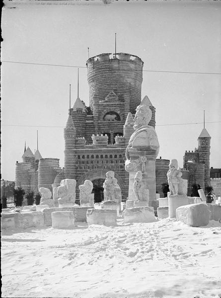 St. Paul Ice Carnival. Ice palace and sculptures from the east.