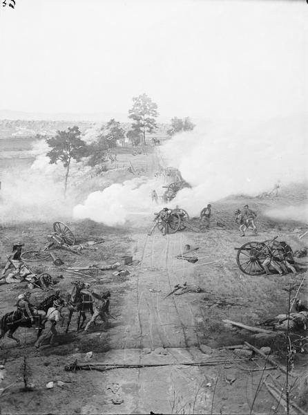 Stereograph from the Chicago Panorama of the Battle of Gettysburg Representing Pickett's Charge at 4 P.M., July 3rd, 1863: Pike Leading from Cemetery Hill, a section of an oil painting of the Cyclorama of Gettysburg by French artist Paul Dominique Philippoteaux. From Bennett's series "Wanderings Among the Wonders and Beauties of Western Scenery."