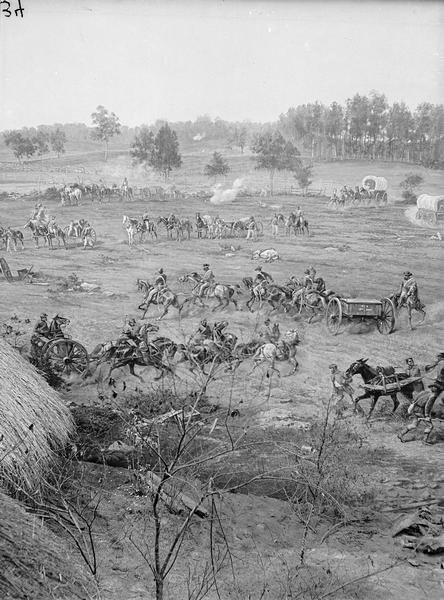 Stereograph from the Chicago Panorama of the Battle of Gettysburg Representing Pickett's Charge at 4 P.M., July 3rd, 1863: Woodruff's Battery, Culps Hill in the Distance, a section of an oil painting of the Cyclorama of Gettysburg by French artist Paul Dominique Philippoteaux. From Bennett's series "Wanderings Among the Wonders and Beauties of Western Scenery."