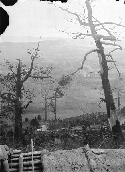 Stereograph from the Panorama of the Battle of Missionary Ridge, Historical Sycamore Tree, Orchard Knob in the Distance, painted in 1885. It was painted by Eugen Bracht's Berlin-based panorama company and first exhibited in Kansas City in 1886. It was destroyed by a tornado in Nashville, Tennessee.  From Bennett's series "Wanderings Among the Wonders and Beauties of Western Scenery."