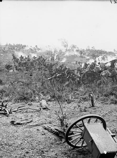 Stereograph from the Panorama of the Battle of Missionary Ridge, Capture of the Gun, "Lady Breckenridge," painted in 1885. It was painted by Eugen Bracht's Berlin-based panorama company and first exhibited in Kansas City in 1886. It was destroyed by a tornado in Nashville, Tennessee.  From Bennett's series "Wanderings Among the Wonders and Beauties of Western Scenery."